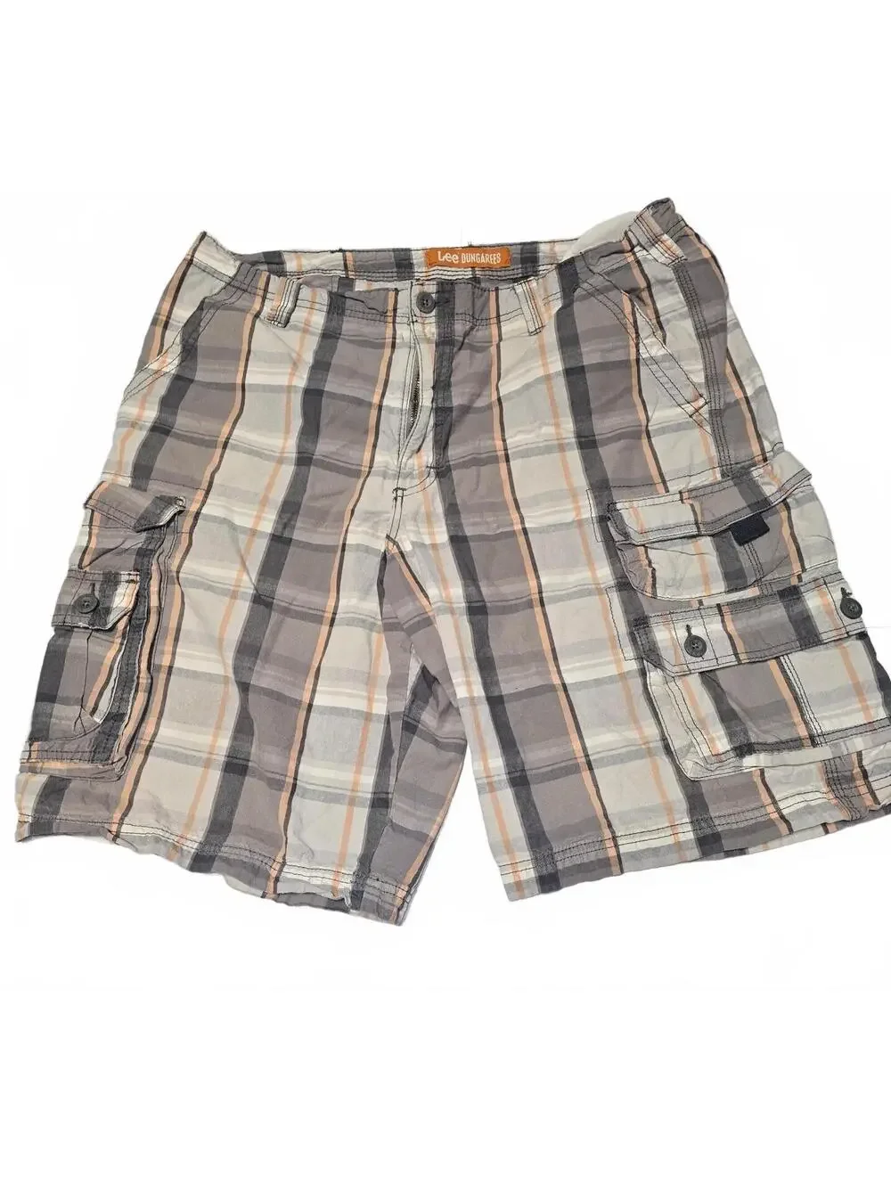 Lee Dungarees Men’s Size 38 Plaid Cargo Shorts Gray Tan Orange 100% Cotton